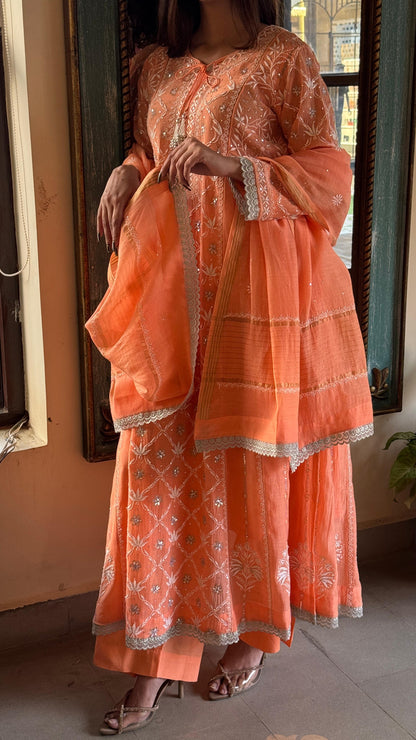 Coral Orange Malmal Pearl Work Chikankari A Line Kalidar Kurta With Dupatta