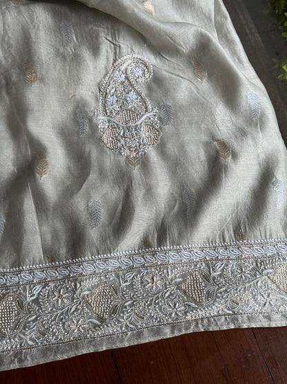 Grey Shade Banarasi Zari Chanderi Unstitched Chikankari Fabric