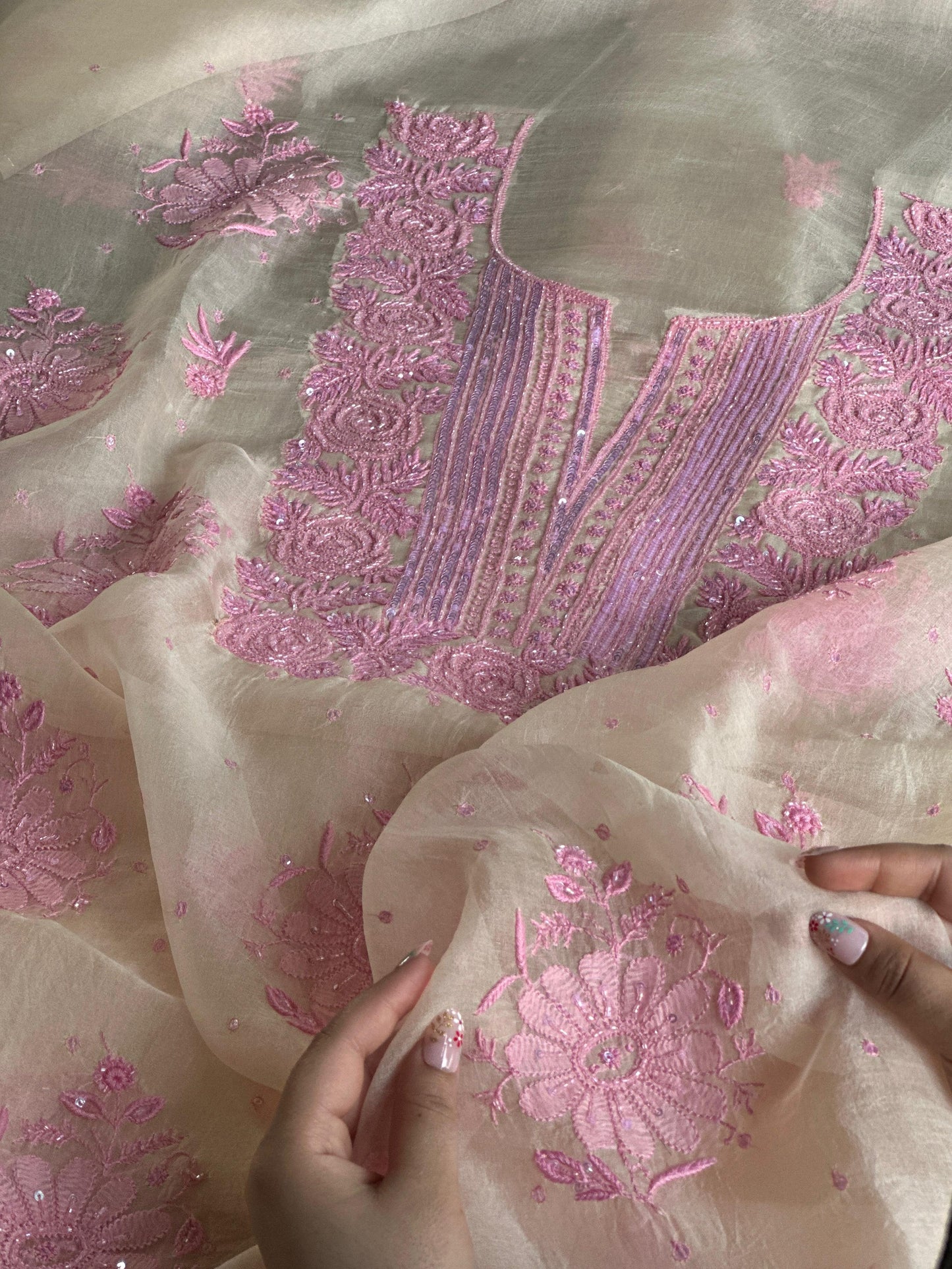 Ivory Shade Noor Organza Silk Chikankari Unstitched Kurta Dupatta Set