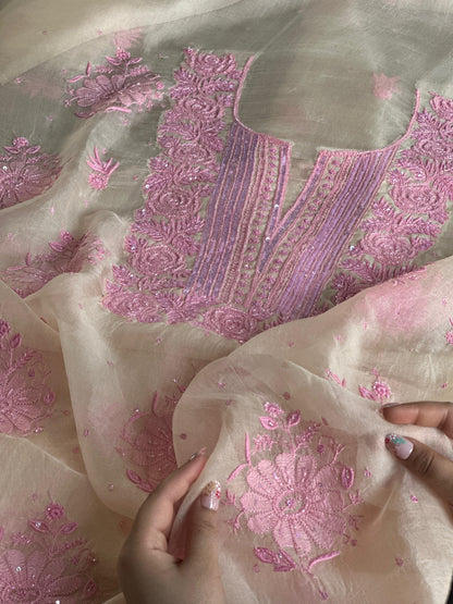 Ivory Shade Noor Organza Silk Chikankari Unstitched Kurta Dupatta Set