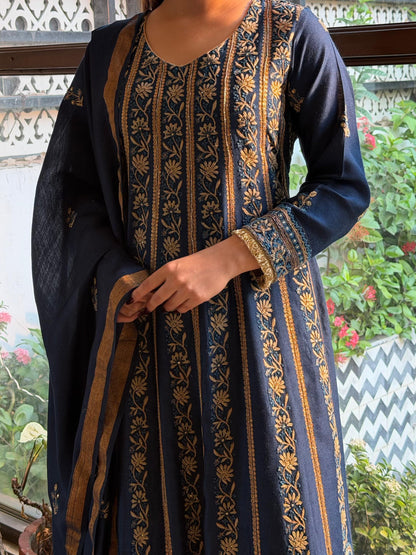 Roheen Blue Moonga Silk Chikankari Anarkali With Dupatta