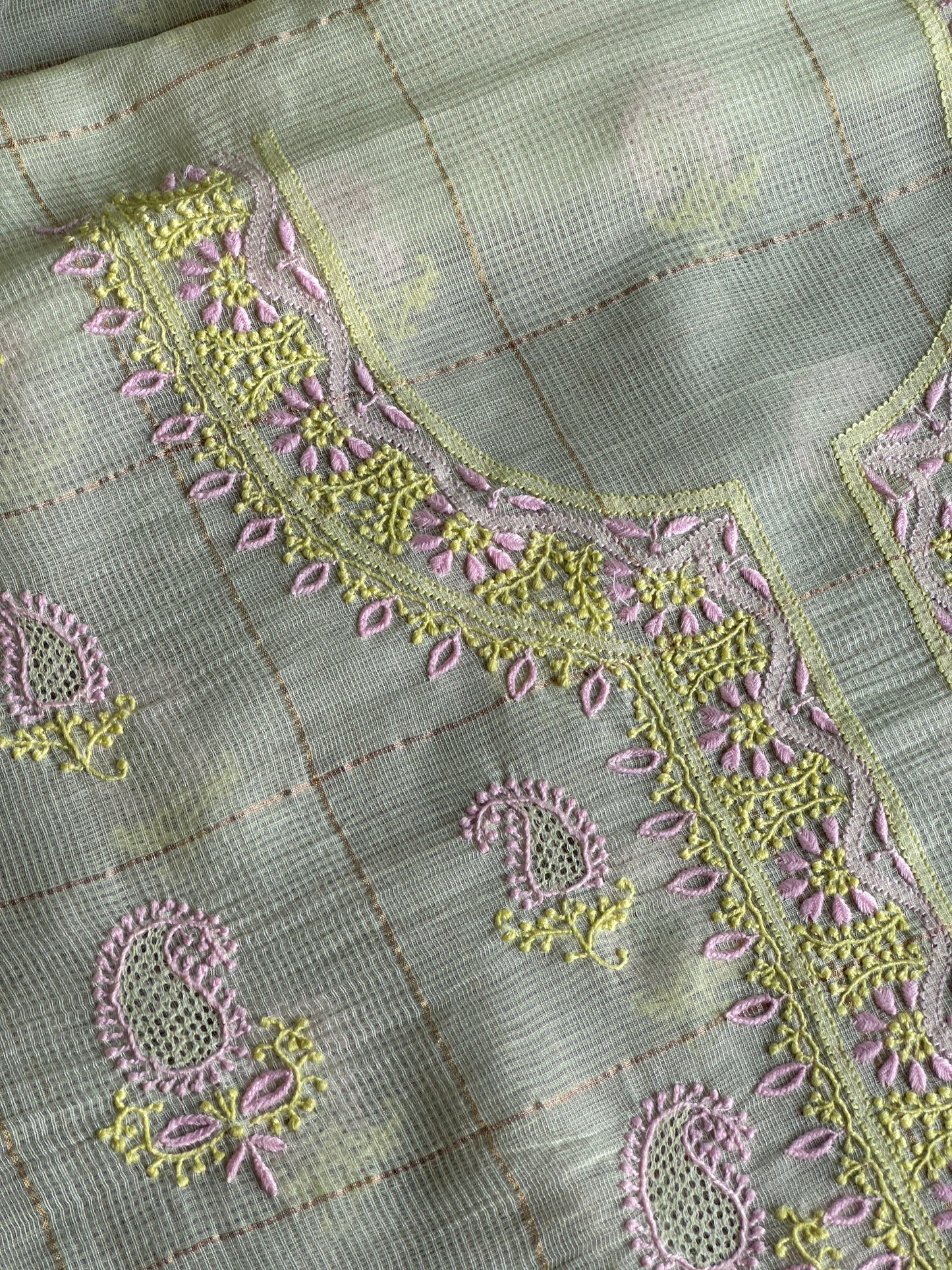 Olive Green Shade Tissue Zari Kota Chikankari Unstitched Fabric