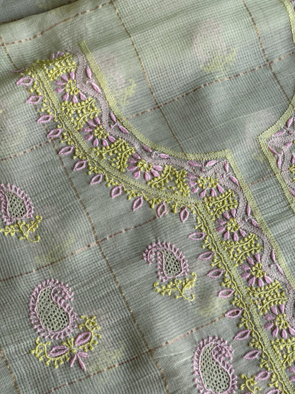 Olive Green Shade Tissue Zari Kota Chikankari Unstitched Fabric