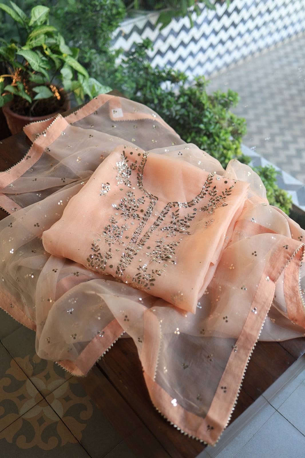 Peach Shade Noor Organza Silk Badla Unstitched Kurta Dupatta Set