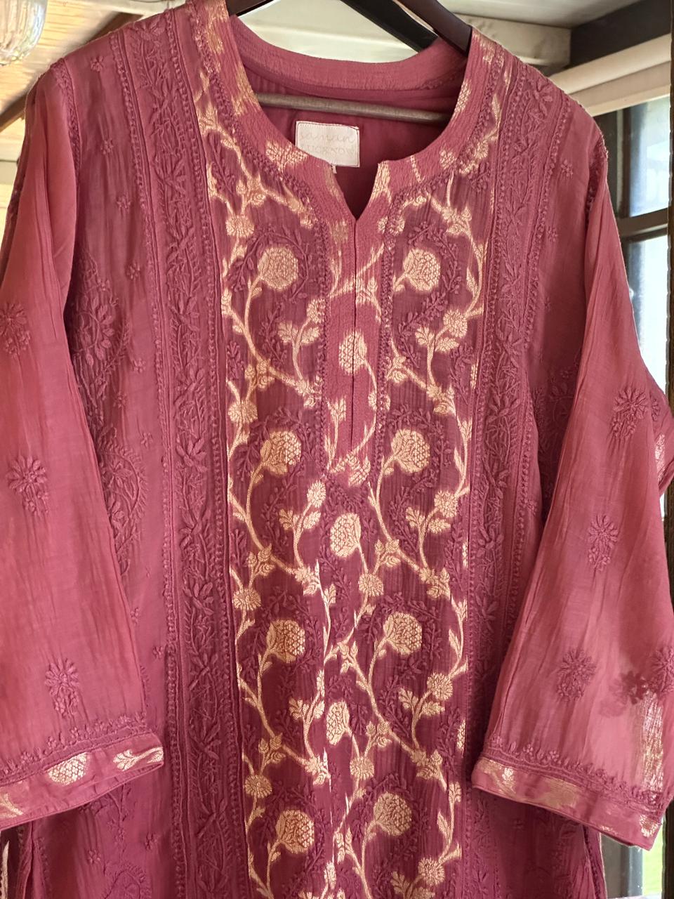 Maroon Zari Chanderi Chikankari A Line Kurta with Slip