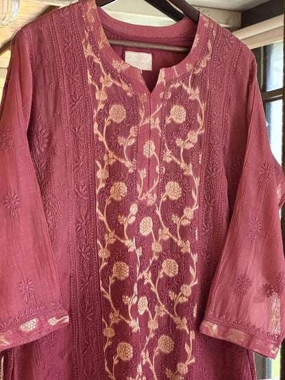Maroon Zari Chanderi Chikankari A Line Kurta with Slip