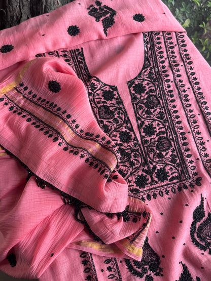Candy Pink & Black Mal Chanderi Silk Chikankari A Line Unstitched Fabric