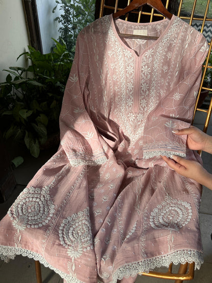 Pink Shade Malmal Pearl Work Chikankari Anarkali