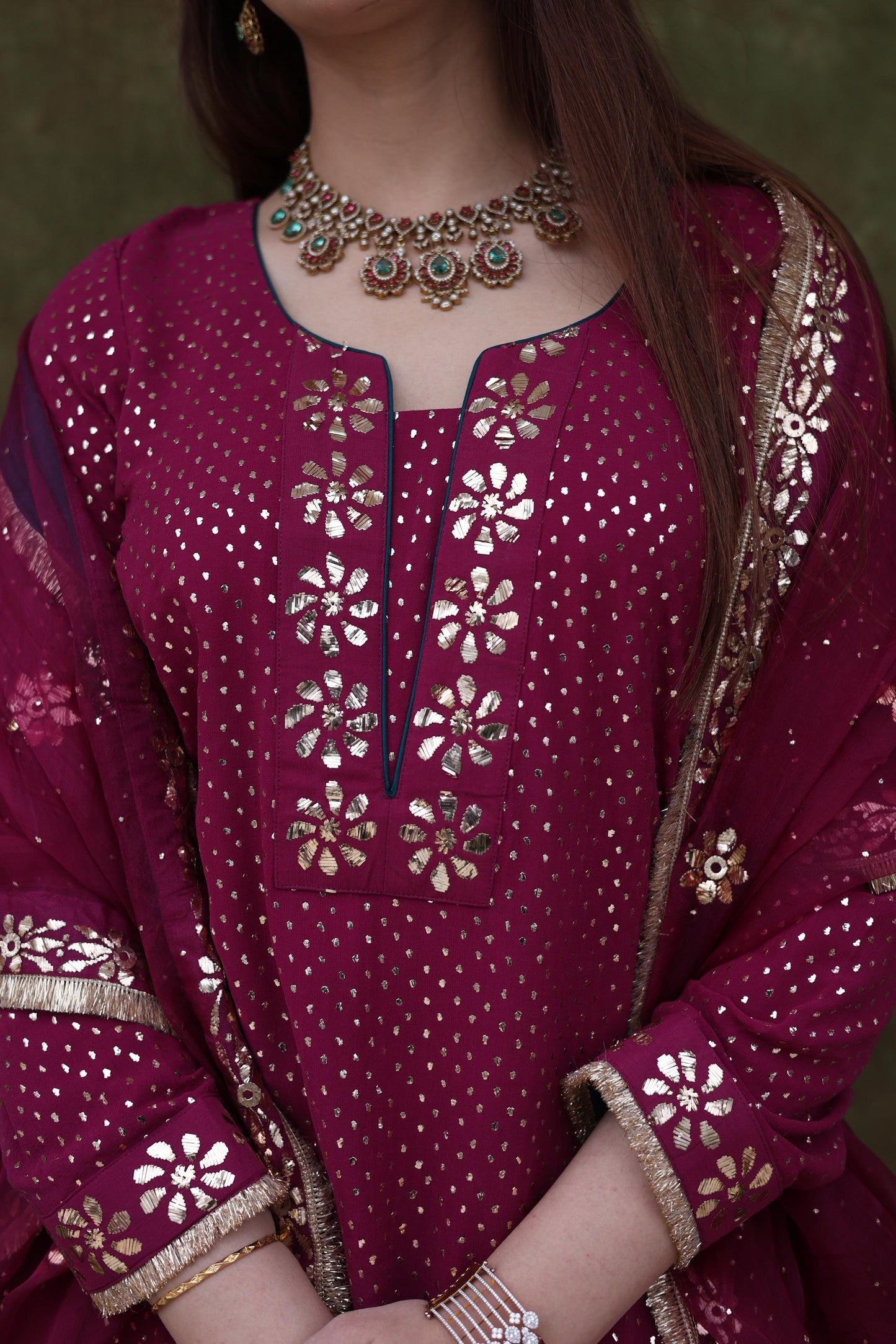 Mukaish Kamdani Plum shade Pure Georgette Kurta Gharara Set with Organza Dupatta