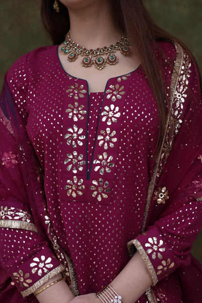 Mukaish Kamdani Plum shade Pure Georgette Kurta Gharara Set with Organza Dupatta