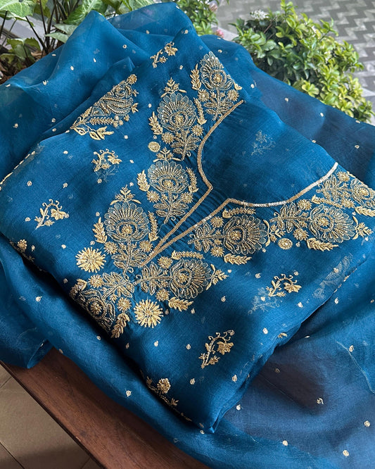 Prussian Blue Noor Organza Silk Chikankari Unstitched Kurta Dupatta Set