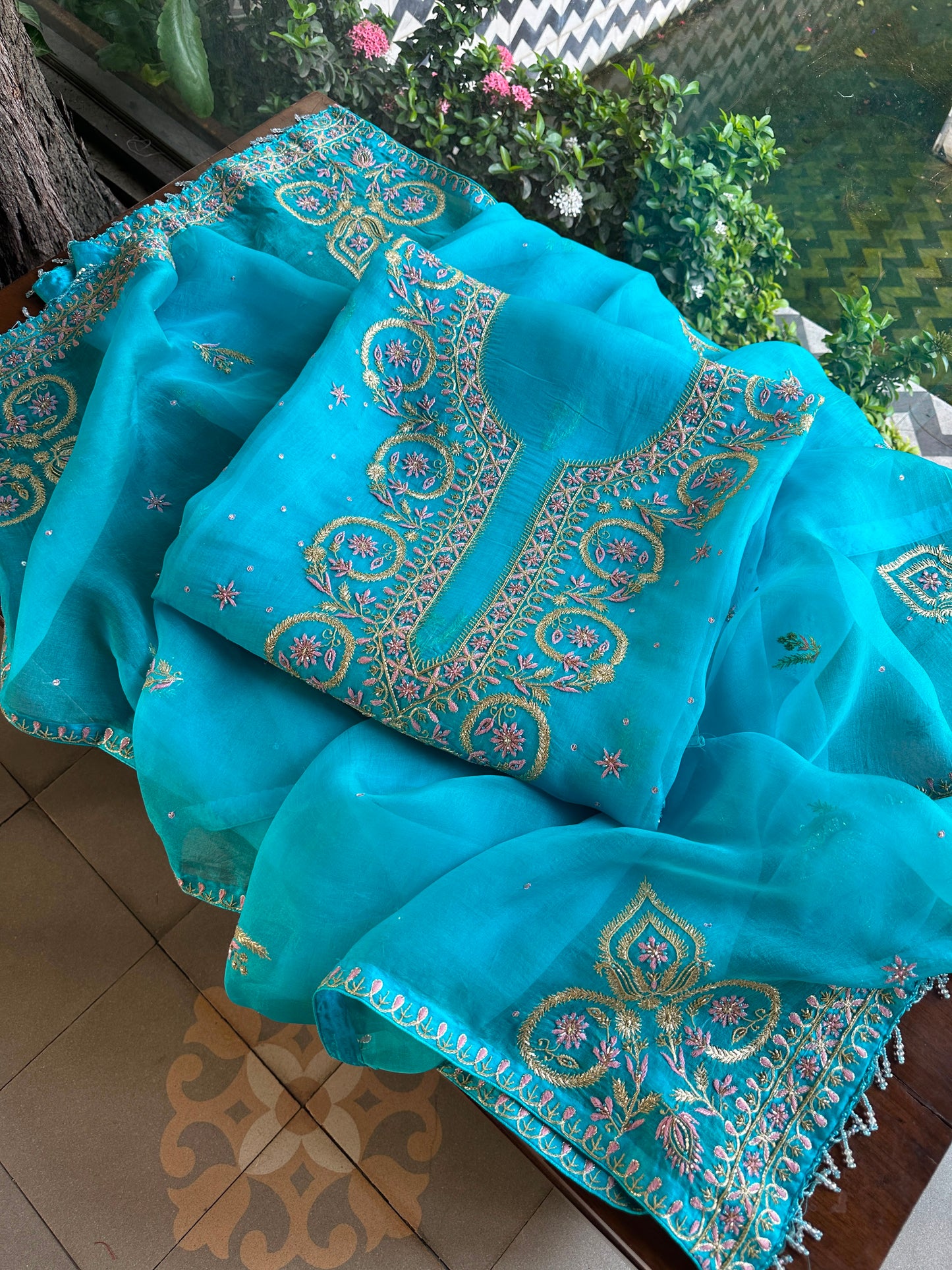 Peacock Blue Organza Banarasi Silk Chikankari Unstitched Kurta Dupatta Set