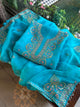 Peacock Blue Organza Banarasi Silk Chikankari Unstitched Kurta Dupatta Set