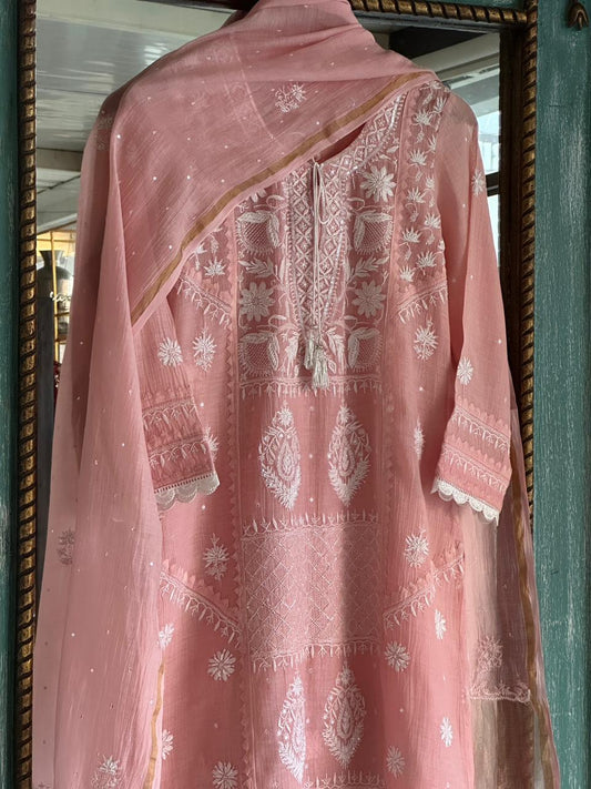 Pastel Peach Shade Malmal Pearl Work Chikankari Kurta With Dupatta