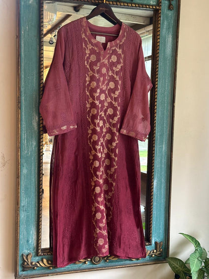Maroon Zari Chanderi Chikankari A Line Kurta with Slip