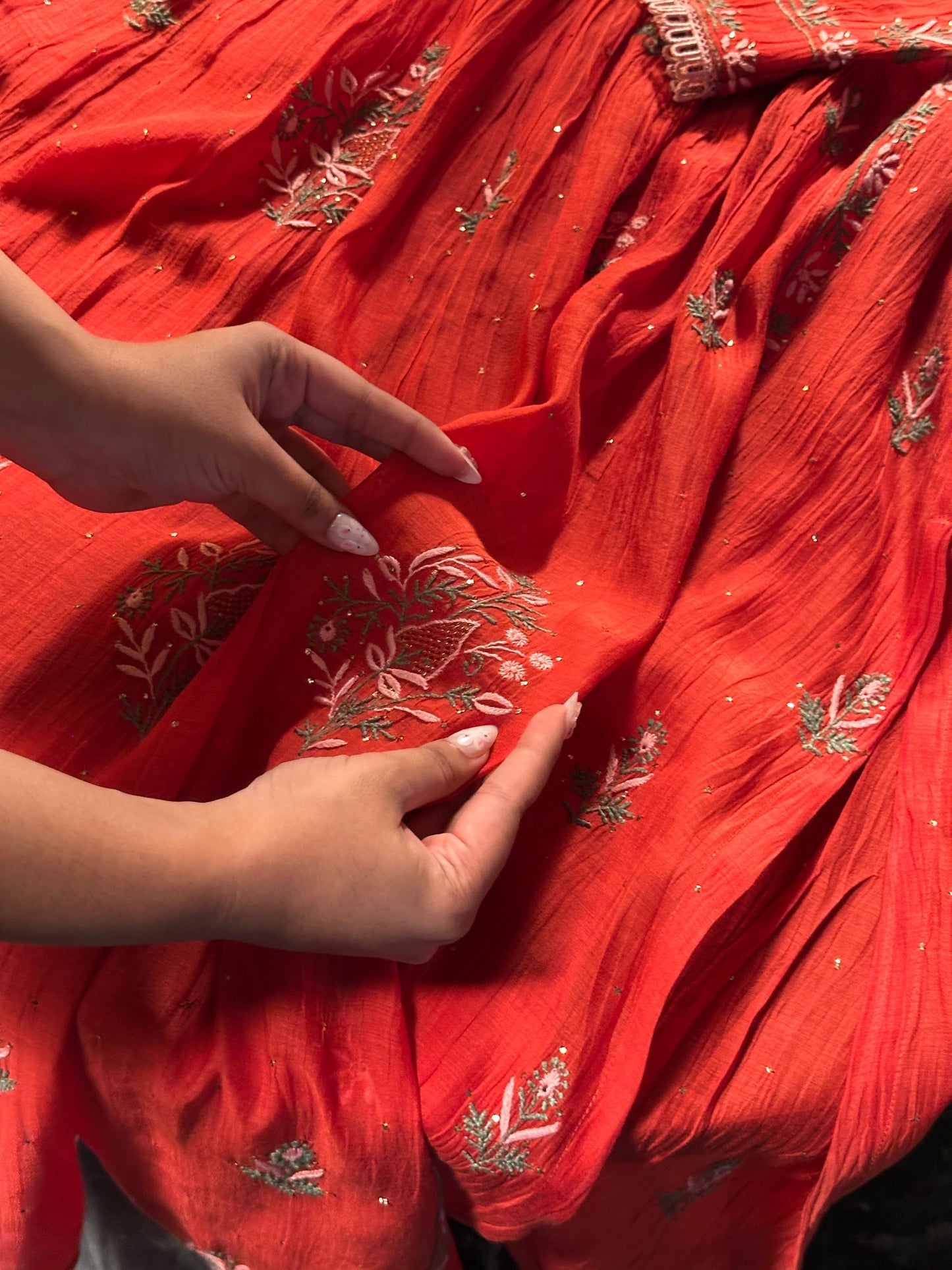 Saman Tomato Red | Malmal Mukaish Kamdani Chikankari Stitched Kurta Dupatta Set