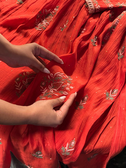 Saman Tomato Red | Malmal Mukaish Kamdani Chikankari Stitched Kurta Dupatta Set