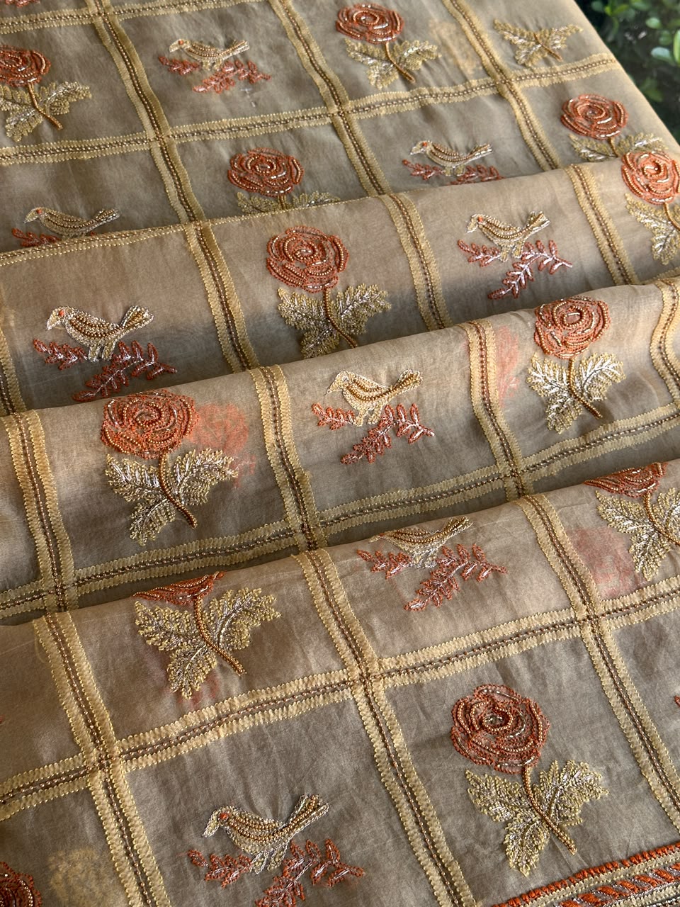 Dark Beige Organza Banarasi Silk Chikankari Unstitched Kurta Dupatta Set