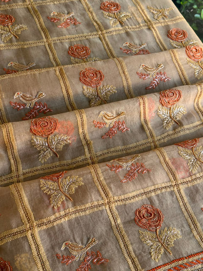 Dark Beige Organza Banarasi Silk Chikankari Unstitched Kurta Dupatta Set