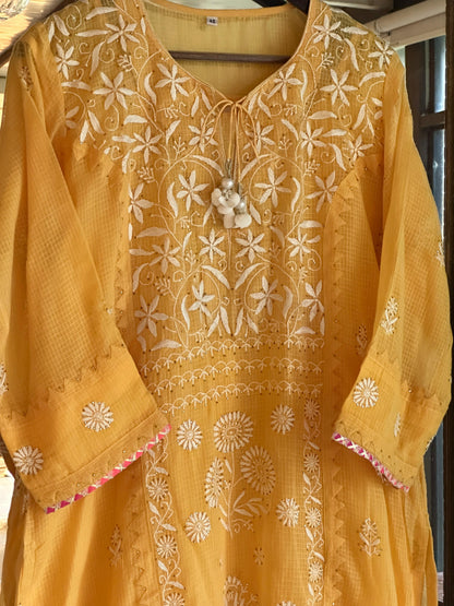 Mustard Yellow Shade Kota Applique Chikankari Kurta Dupatta Set