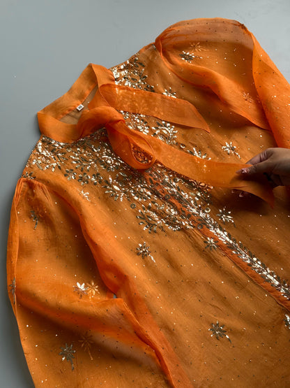 Orange Noor Organza Mukaish Badla Short Top With Bow Tie