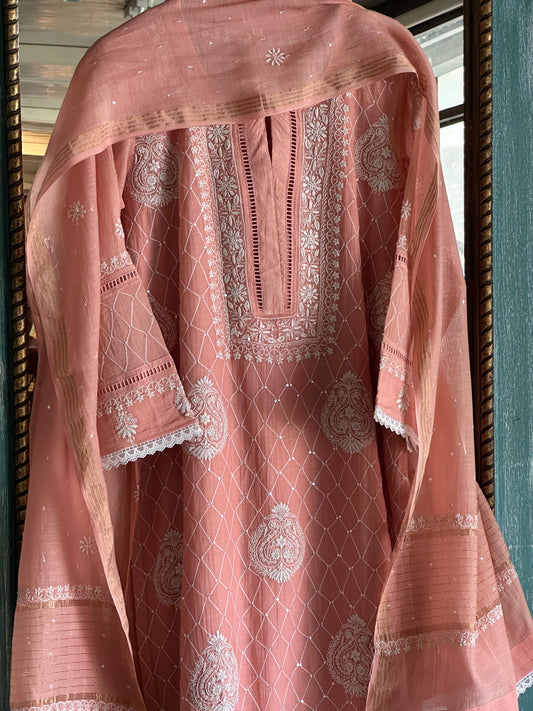 Peach Shade Mulmul Pearl White Chikankari Ready to Wear Kurta Set