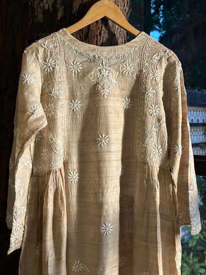 Natural Tussar Silk Chikankari Ready to Wear A Line Kurta