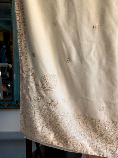 Natural Beige Shade Saman Pashmina Resham Thread Fine Chikankari Shawl