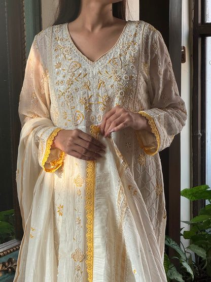 Off White & Yellow Malmal Pearl Work Chikankari Kalidar Kurta Set