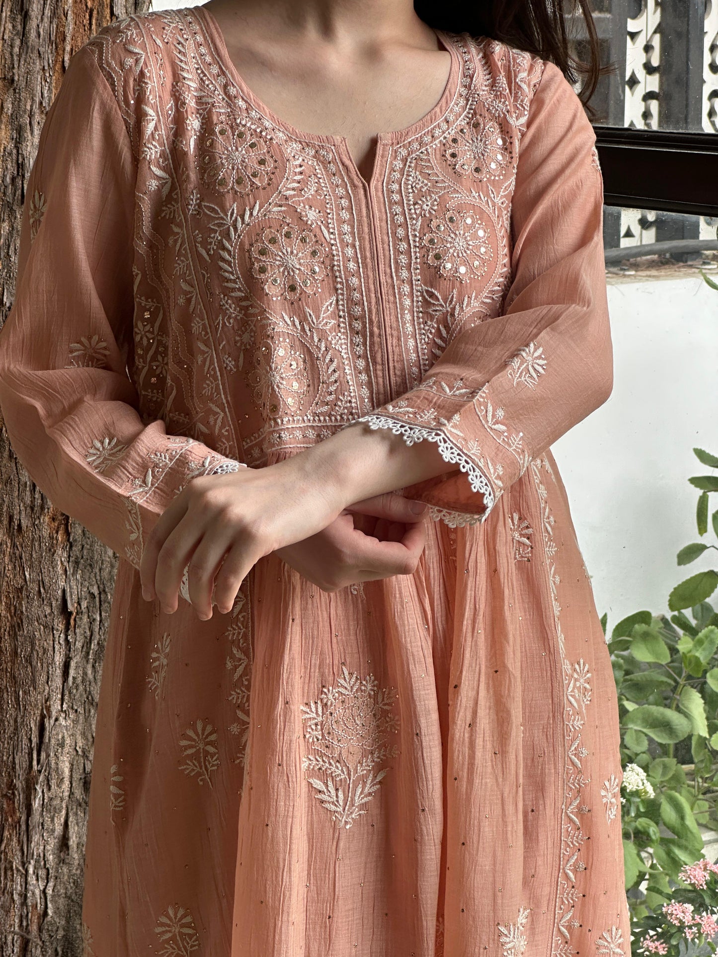Peach Shade Malmal Mukaish Kamdani Kurta Set