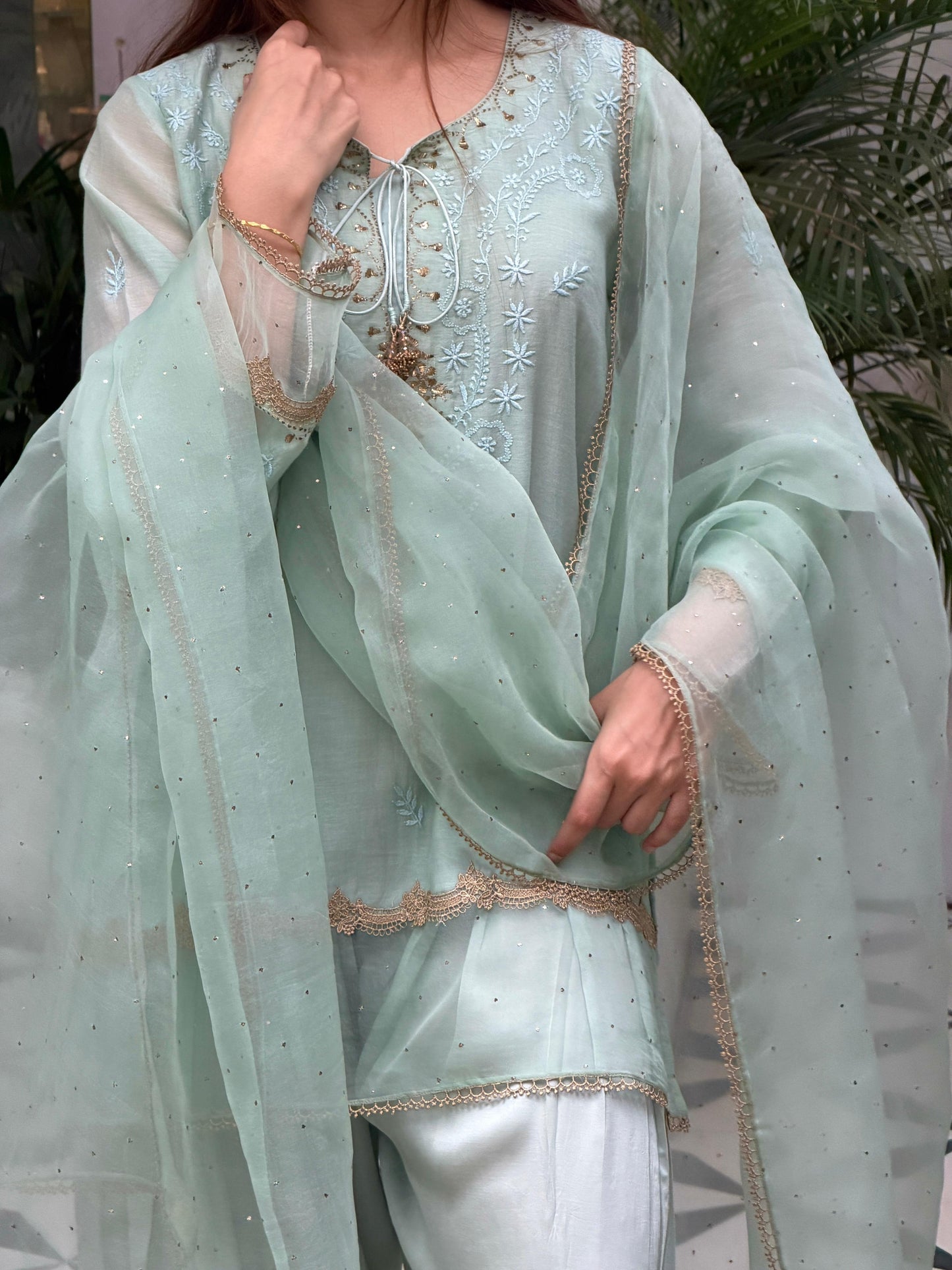 Satin Linen Farshi Sets With Chikankari & Kamdani