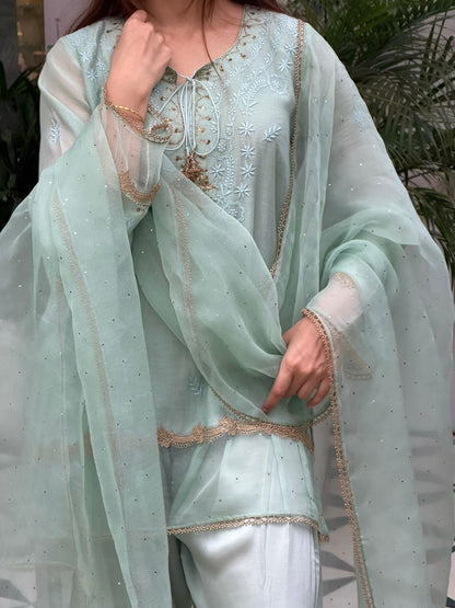 Satin Linen Farshi Sets With Chikankari & Kamdani