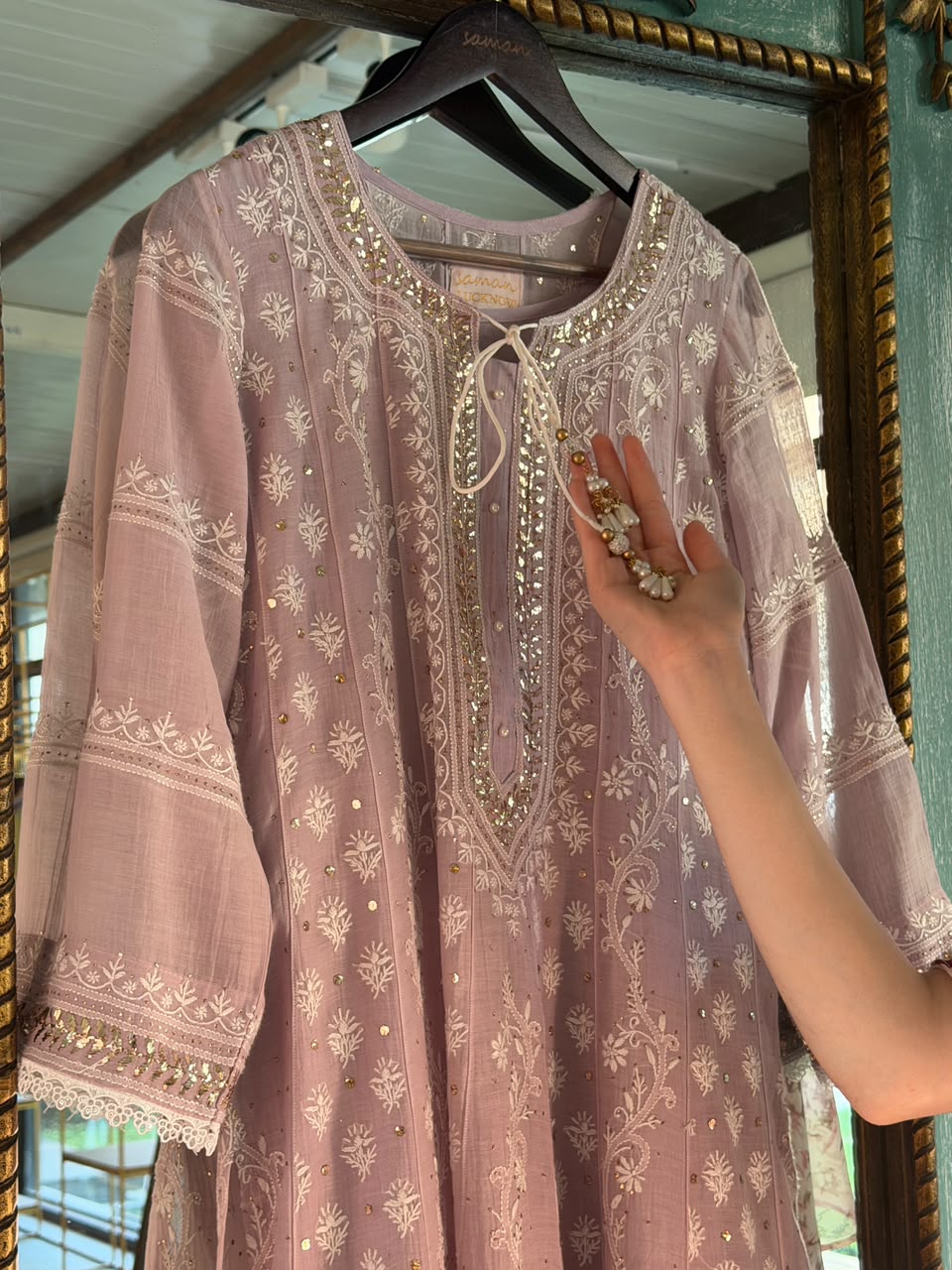 Lavender Mal Chanderi Mukaish Kamdani Chikankari Anarkali