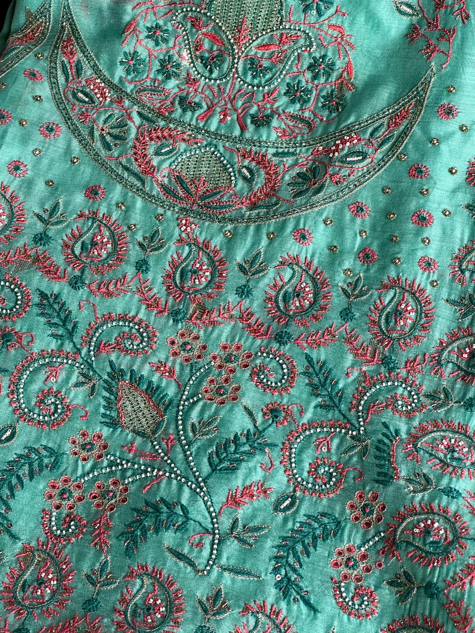 Aqua Green Shade Chanderi Chikankari Saree