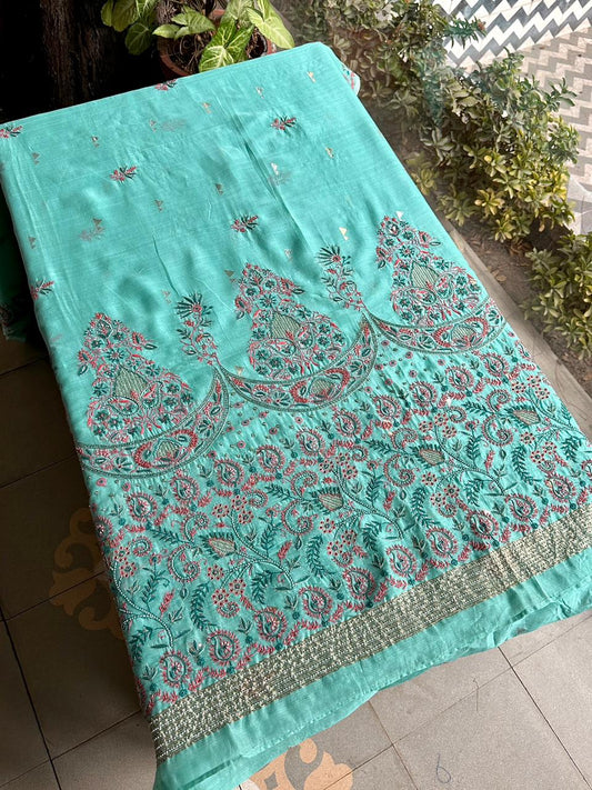 Aqua Green Shade Chanderi Chikankari Saree