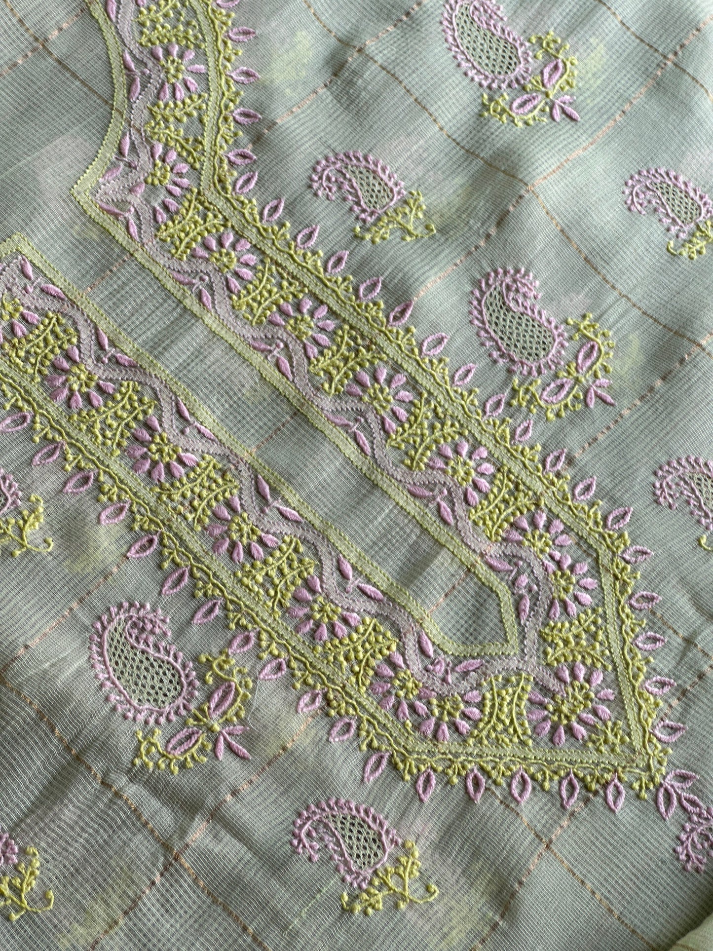Olive Green Shade Tissue Zari Kota Chikankari Unstitched Fabric