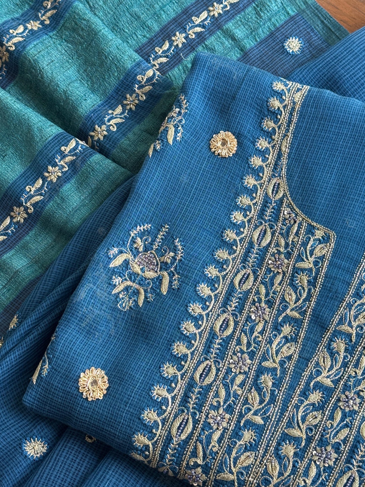 Blue Handloom Kota Chikankari With Mirror Work Unstitched Kurta Dupatta Set