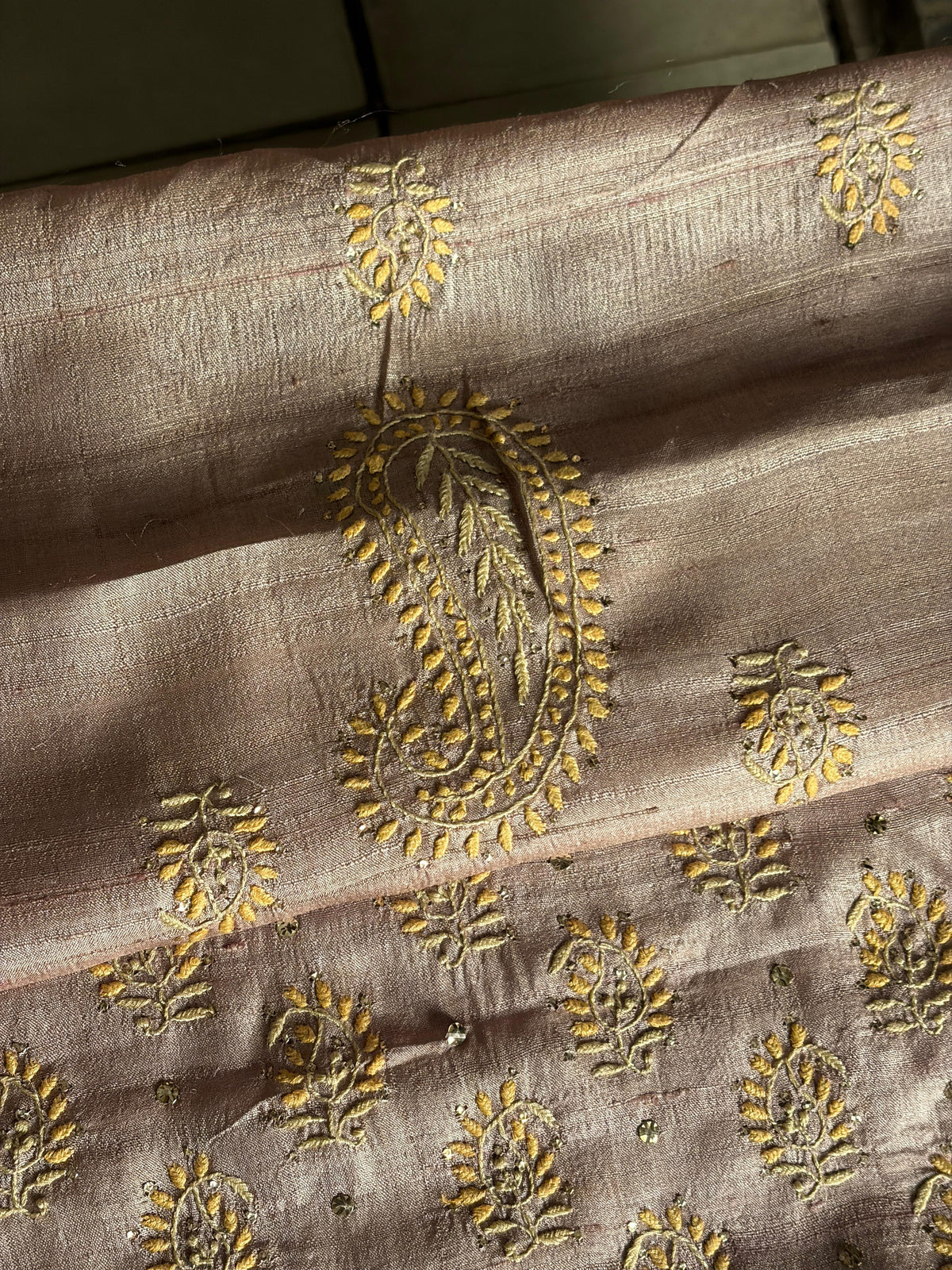 Beige Shade Roheen Tussar Silk Chikankari Fabric