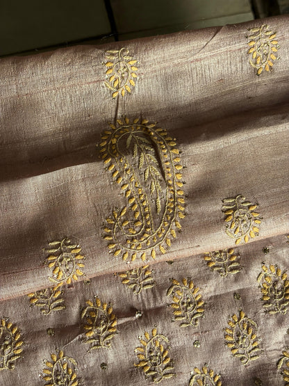 Beige Shade Roheen Tussar Silk Chikankari Fabric