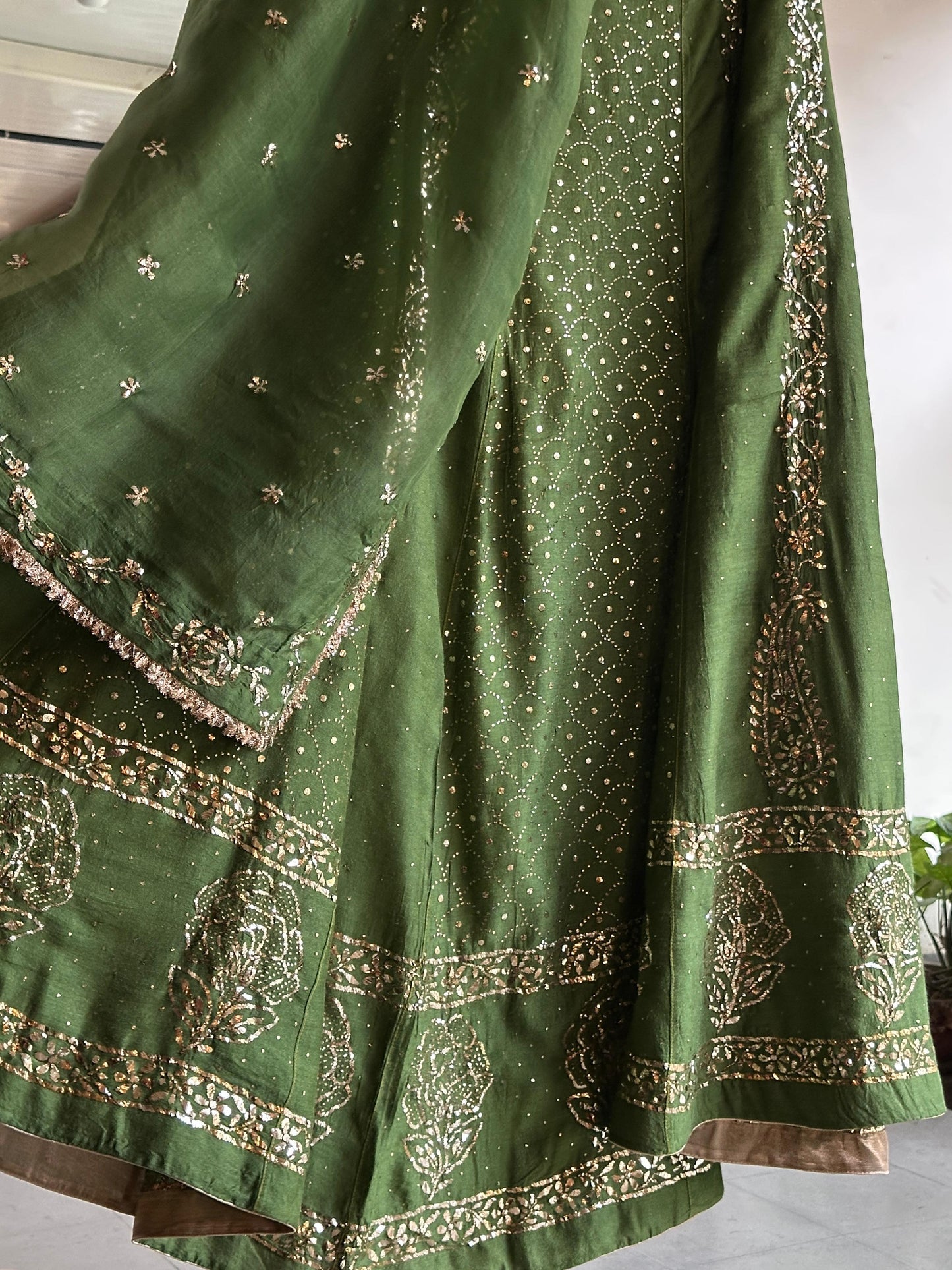 Green Moonga Silk Mukaish Badla Lehenga Set