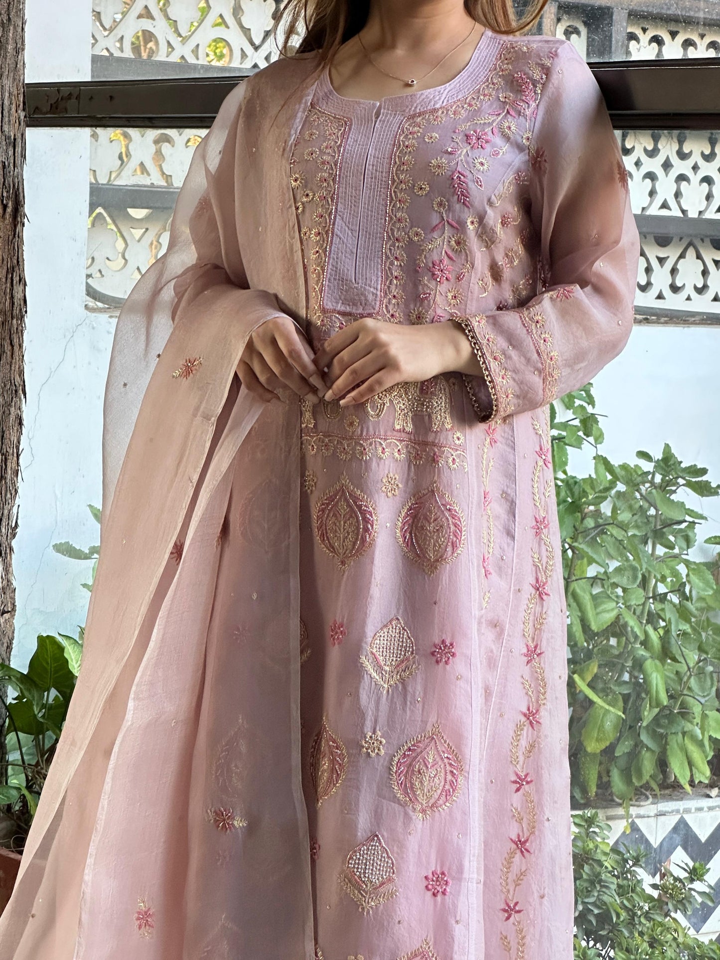 Mauve Pink Shade Noor Organza Chikankari A Line Kurta With Dupatta