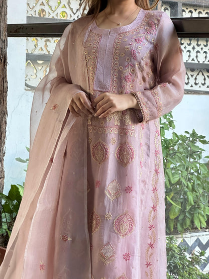 Mauve Pink Shade Noor Organza Chikankari A Line Kurta With Dupatta