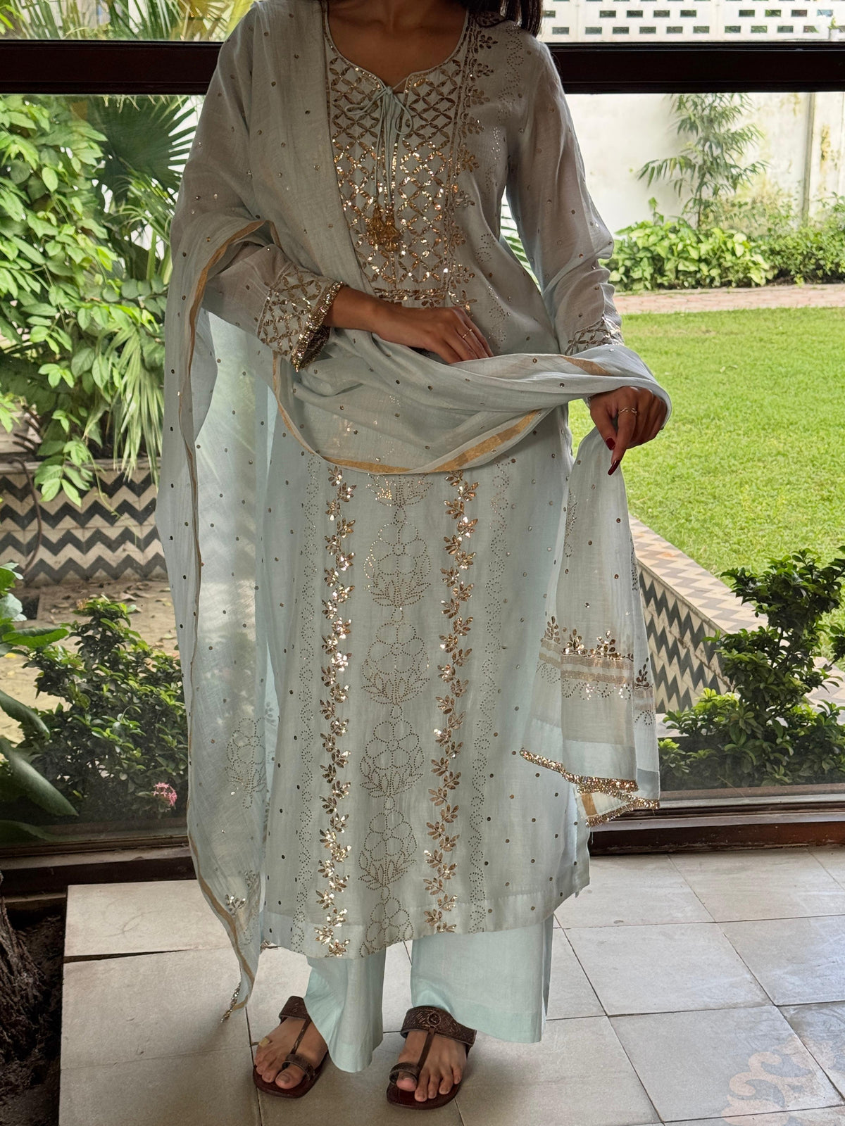 Ice Blue Mukaish Mul Chanderi Silk Ready To Wear Dress