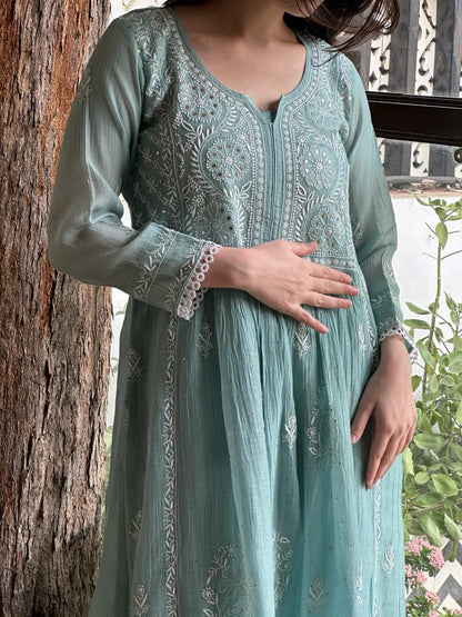 Light Blue Shade Malmal Mukaish Kamdani Chikankari Ready to Wear