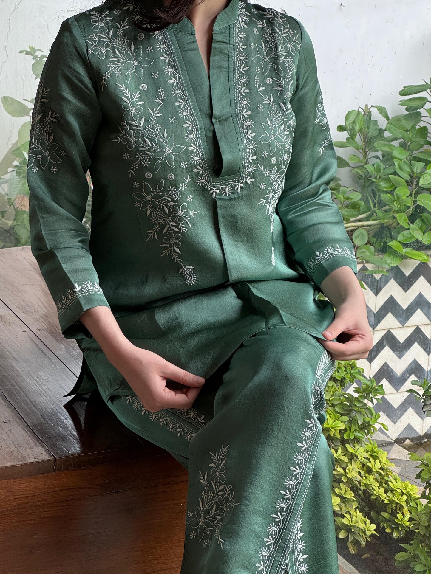 Slate Green Satin Shimmer Chikankari Co-Ord Set