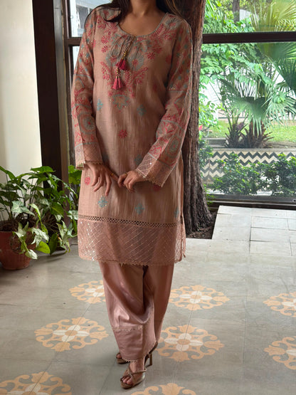 Nude Beige Mal Chanderi Farshi Chikankari Set