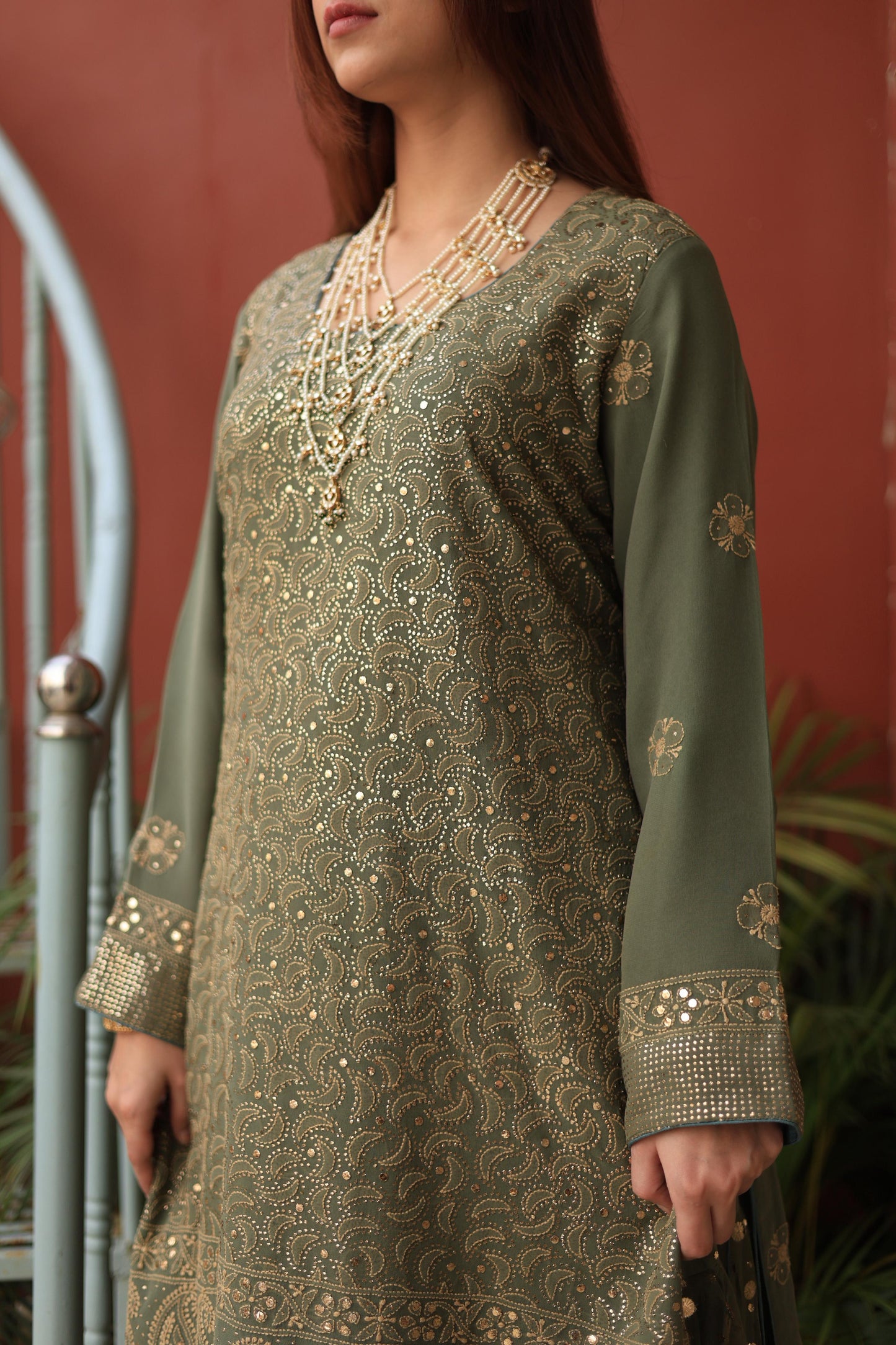 Mehndi Green Chikankari Pure Georgette Kurta Gharara Set with Kalamkari Dupatta