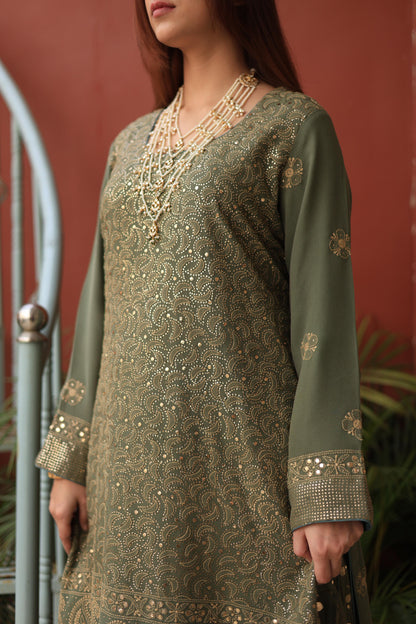Mehndi Green Chikankari Pure Georgette Kurta Gharara Set with Kalamkari Dupatta