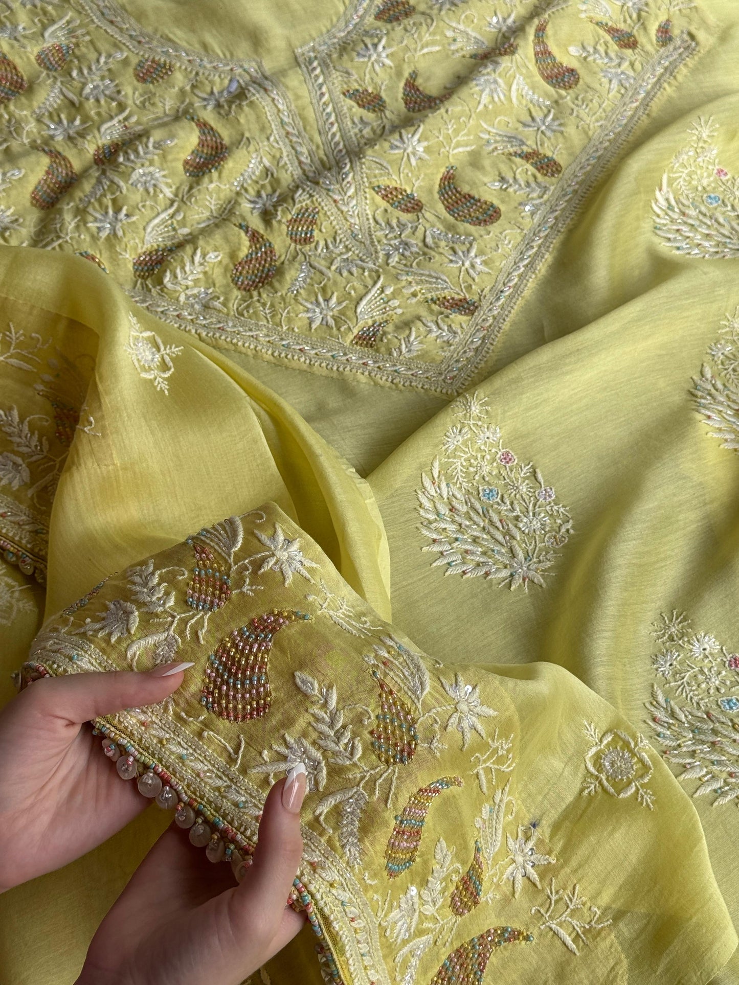 Butter Yellow Mul Chikankari Unstitched Kurta Set