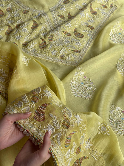Butter Yellow Mul Chikankari Unstitched Kurta Set